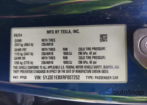 2024 Tesla Model 3 Long Range Dual Motor All-Wheel Drive из США, поврежденный, VIN 5YJ3E1EBXRF807252